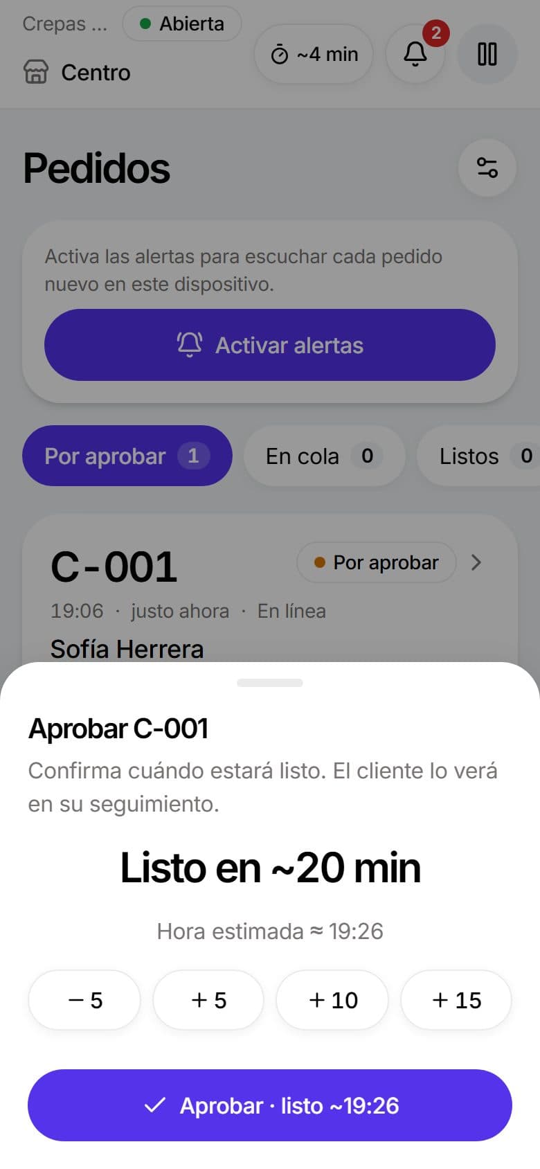Aprobación de un pedido con el tiempo sugerido según la cola
