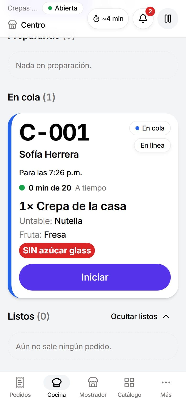 Pantalla de cocina con un pedido en cola y lo que lleva