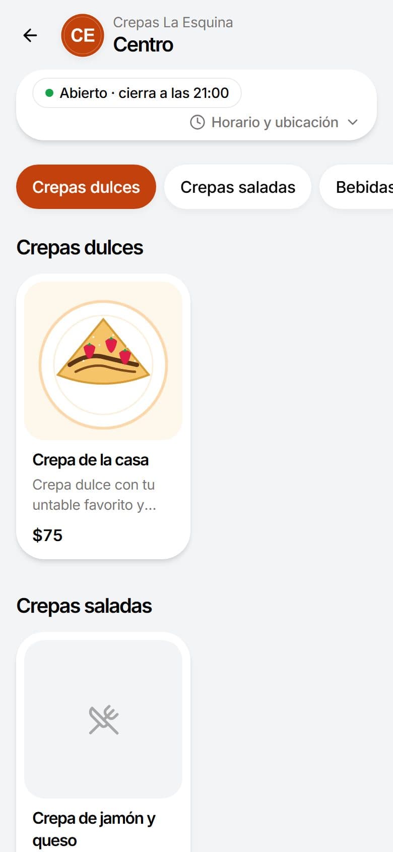 Menú de un negocio de ejemplo en el celular de un cliente