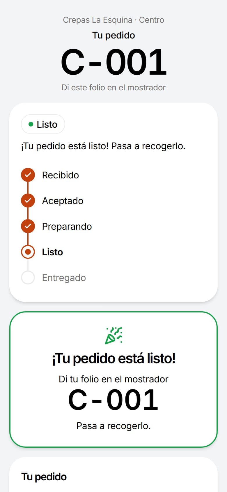 Aviso al cliente de que su pedido está listo para recoger