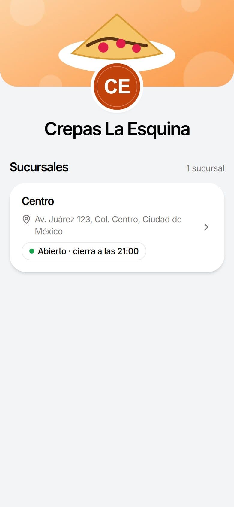 Portal de un negocio de ejemplo con su logo y sus sucursales