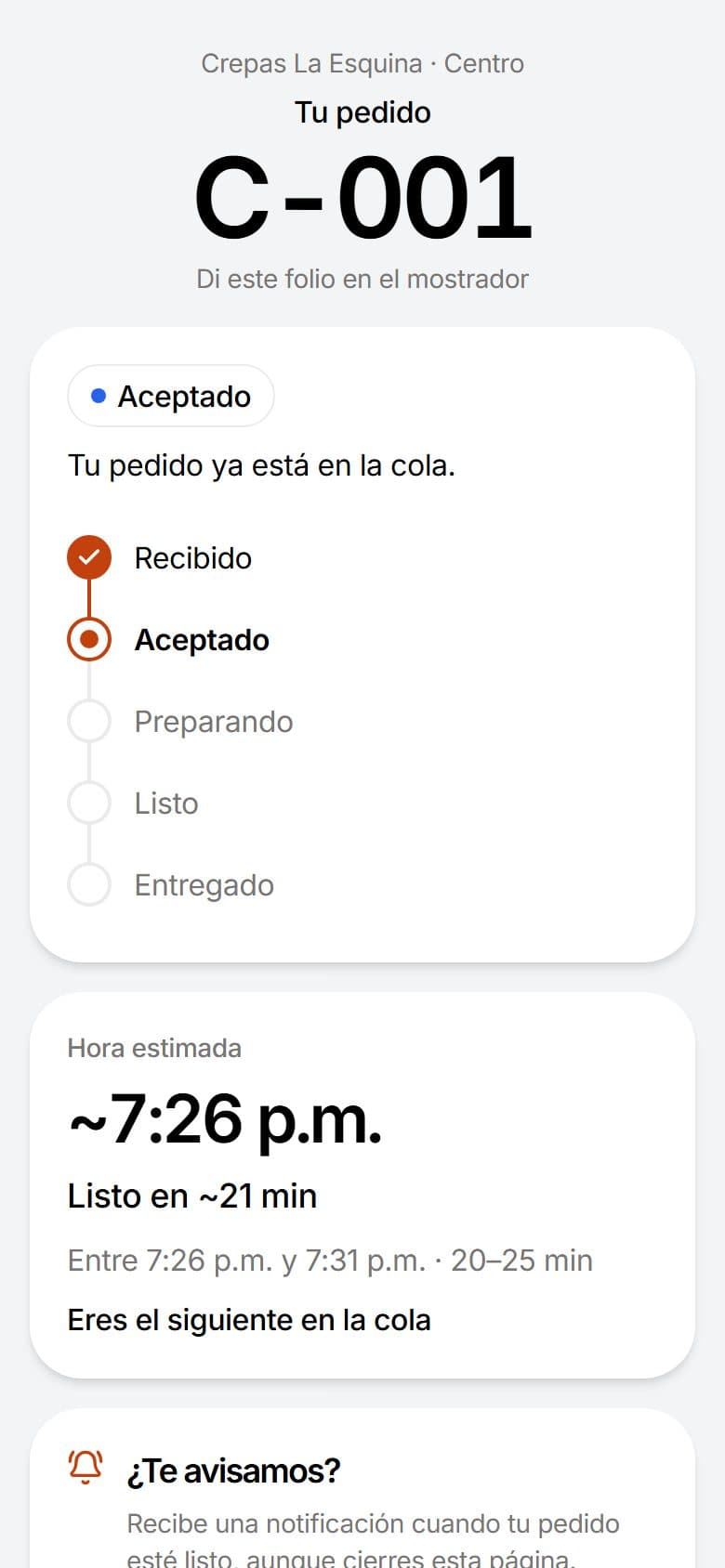 Seguimiento en vivo de un pedido aceptado con su hora estimada